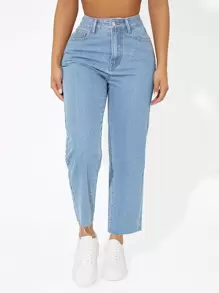 SHEIN PETITE Raw Hem Washed Jeans - Light Wash - View 1