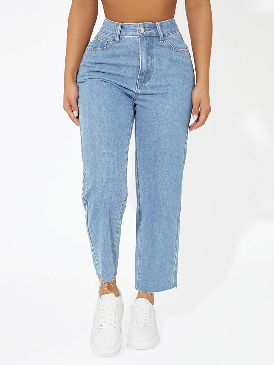SHEIN PETITE Raw Hem Washed Jeans - Light Wash - View 1