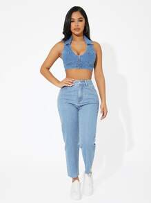 SHEIN PETITE Raw Hem Washed Jeans - Light Wash - View 4