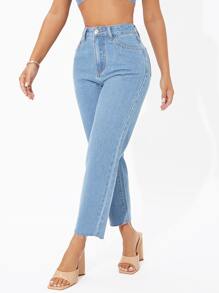 SHEIN PETITE Raw Hem Washed Jeans - Light Wash - View 5