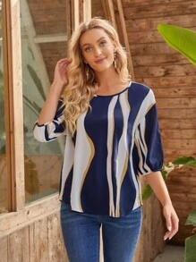 EMERY ROSE Lantern Sleeve Colorblock Blouse - Multicolor - View 1