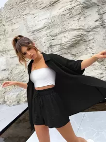 SHEIN MOOSTA Bộ đồ hai mảnh nữ Túi Nút phía trước Quần paper-bag màu trơn Giải trí - màu đen - Xem 5