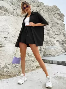 SHEIN MOOSTA Bộ đồ hai mảnh nữ Túi Nút phía trước Quần paper-bag màu trơn Giải trí - màu đen - Xem 6