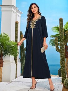 Al Najma 花卉刺繡拼接色帶阿拉伯連衣裙 - 藏蓝色 - 查看 2