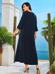 Al Najma 花卉刺繡拼接色帶阿拉伯連衣裙 - 藏蓝色 - 查看 3