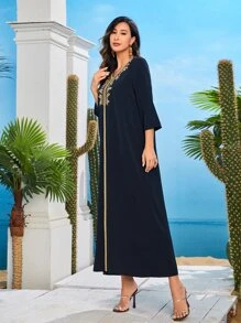 Al Najma 花卉刺繡拼接色帶阿拉伯連衣裙 - 藏蓝色 - 查看 5