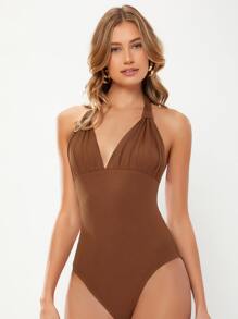 Body halter pecho con fruncido de espalda abierta con cordón - Café integral - Ver 3