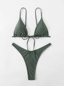 SHEIN Swim Summer Beach Tie Front Triangle Bikini Bikini Set - Army Green - View 3