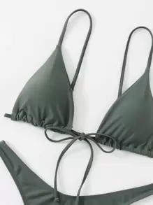 SHEIN Swim Summer Beach Tie Front Triangle Bikini Bikini Set - Army Green - View 7