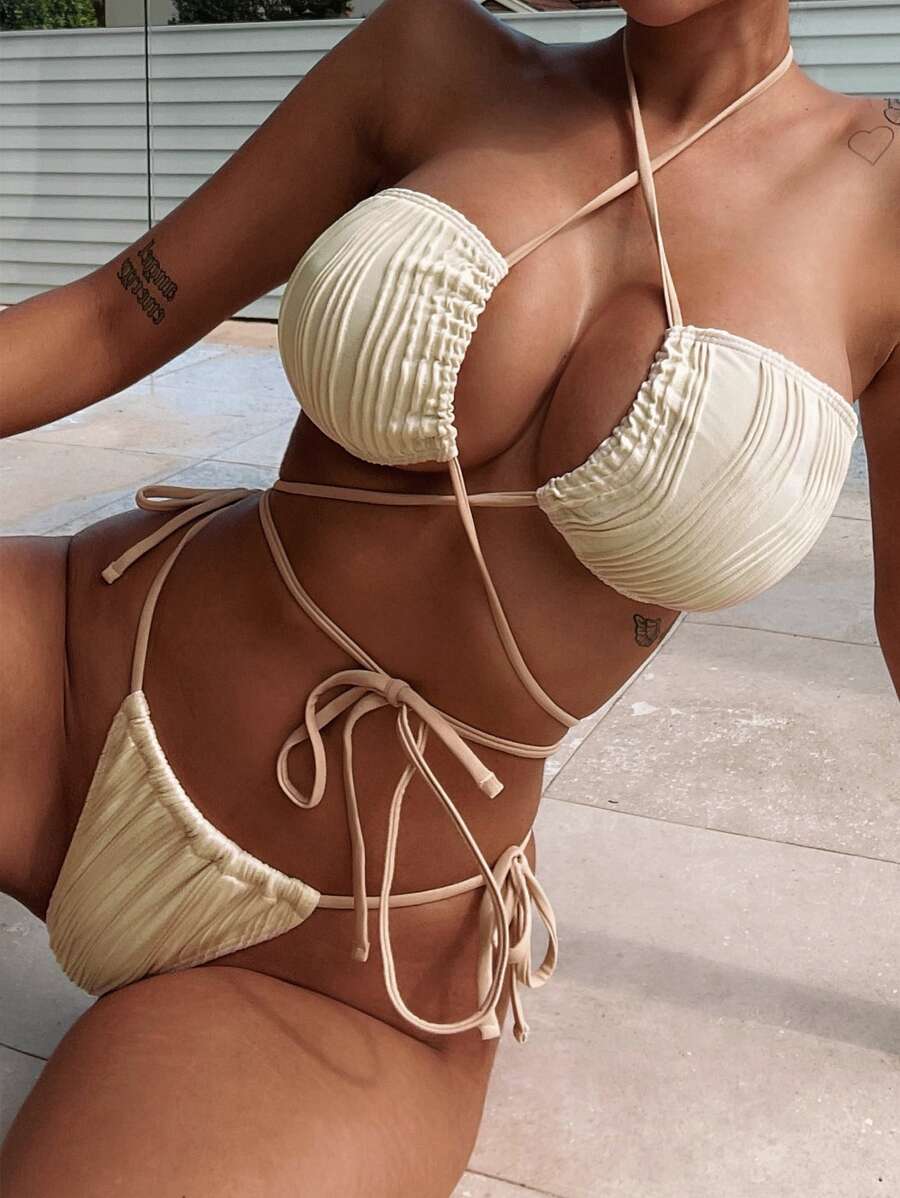 Textured Lace Up Bikini For Summer Beach - Beige - View 1