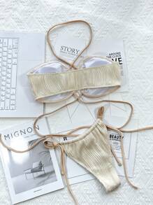 Textured Lace Up Bikini For Summer Beach - Beige - View 2