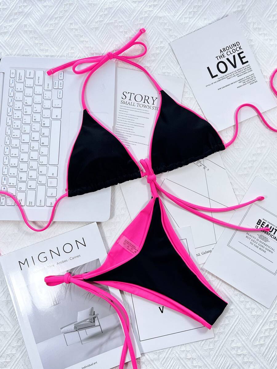 Swim SXY Summer Beach Contrast Binding Halter Triangle Tie Side Bikini