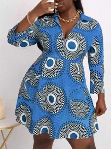 Slaydiva 大碼幾何印花隱藏口袋連衣裙 - 藍色 - 查看 1