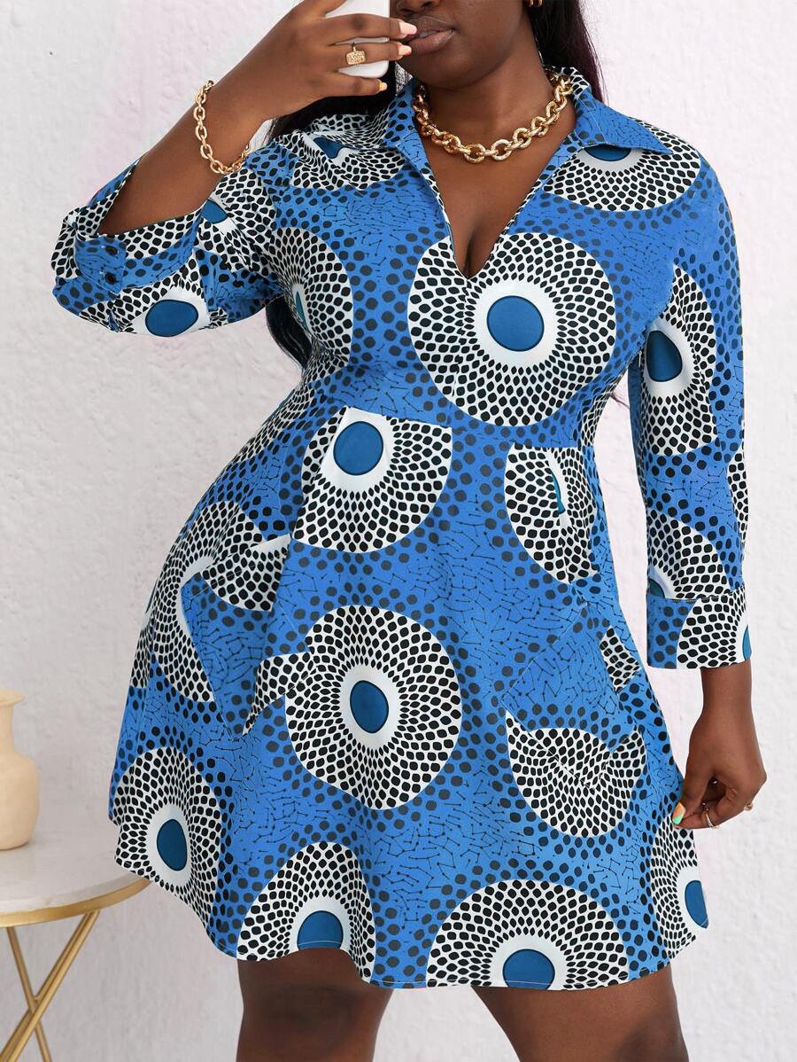 Slaydiva 大碼幾何印花隱藏口袋連衣裙 - 藍色 - 查看 1