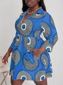 Slaydiva 大碼幾何印花隱藏口袋連衣裙 - 藍色 - 查看 5