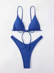 SHEIN Swim Summer Beach Tie Front Triangle Bikini - Royal Blue - View 4