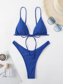 SHEIN Swim Summer Beach Tie Front Triangle Bikini - Royal Blue - View 6