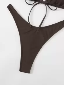 Swim SXY Conjunto de bikini unicolor con lazo en la parte delantera, sujetador triangular y tanga, traje de baño de 2 piezas - Marrón Chocolate - Ver 4