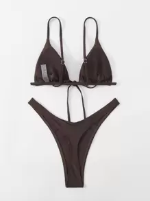 Swim SXY Conjunto de bikini unicolor con lazo en la parte delantera, sujetador triangular y tanga, traje de baño de 2 piezas - Marrón Chocolate - Ver 6