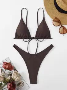 Swim SXY Conjunto de bikini unicolor con lazo en la parte delantera, sujetador triangular y tanga, traje de baño de 2 piezas - Marrón Chocolate - Ver 7