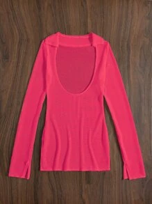 Swim Basics Summer Beach Split Cuff Cover Up Dress Without Bikini - Hot Pink - View 7