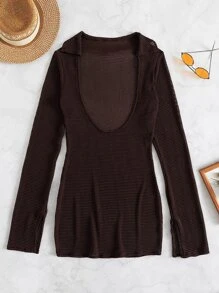 SHEIN Swim Summer Beach Slit Cuff Plunge Neck Cover Up Without Bikini Set - Chocolate Brown - View 8