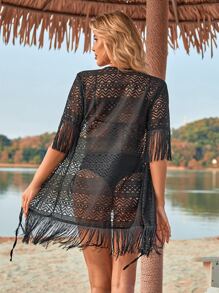 Knot Front Fringe Trim Chevron Lace Kimono Without Bikini - Black - View 2