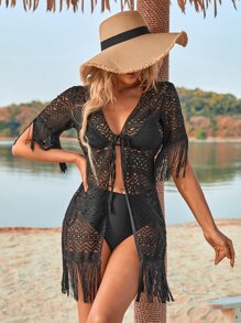 Knot Front Fringe Trim Chevron Lace Kimono Without Bikini - Black - View 6