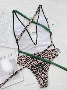 Contrast Leopard Knot Side Plunging One-Piece Swimsuit, For Summer Beach Vacation - Multicolor - View 2