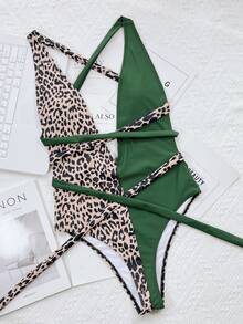 Contrast Leopard Knot Side Plunging One-Piece Swimsuit, For Summer Beach Vacation - Multicolor - View 4