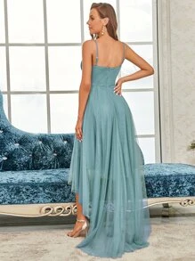 EVERPRETTY Pearls Tape Detail High Low Mesh Cami Prom Dress - Cadet Blue - View 2