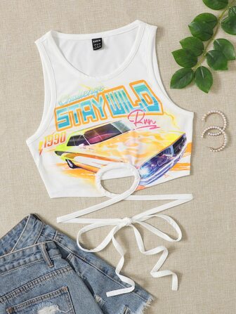 Bikercore 90s Letter Graphic Tie Back Crop Tank Top