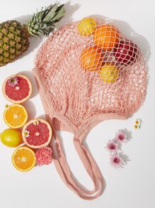 Reusable To-Go Market Filt French Net Mesh Travel Beach Bag—Natural - Pink - View 2