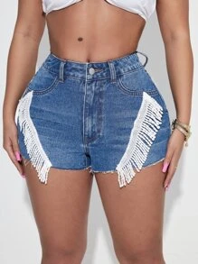 SHEIN SXY Quần short denim nữ Nút mép Túi Dây kéo Khối Màu - Rửa trung bình - Xem 1