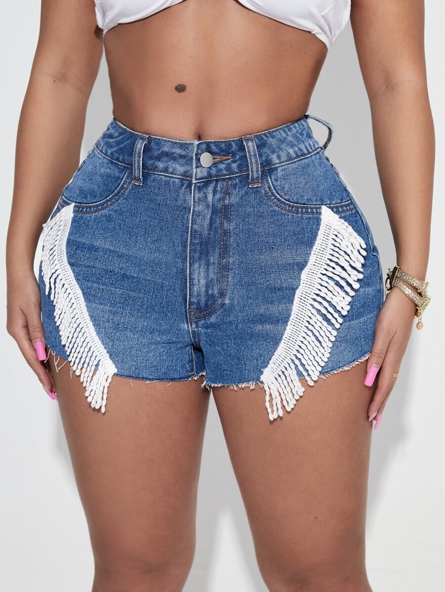 SHEIN SXY Quần short denim nữ Nút mép Túi Dây kéo Khối Màu - Rửa trung bình - Xem 1