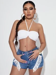 SHEIN SXY Quần short denim nữ Nút mép Túi Dây kéo Khối Màu - Rửa trung bình - Xem 3