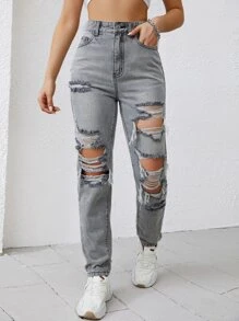 SHEIN X Kimberly Loaiza Jeans cónicos de talle alto desgarro - Gris Claro - Ver 1