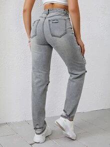 SHEIN X Kimberly Loaiza Jeans cónicos de talle alto desgarro - Gris Claro - Ver 2