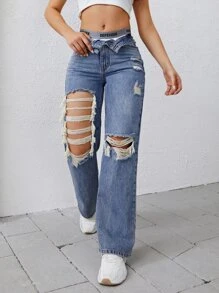 Jeans desgarro de pierna ancha de talle alto sin bragas - Azul lavado medio - Ver 1