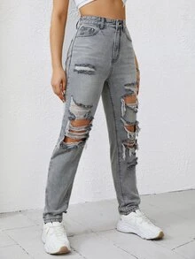 SHEIN X Kimberly Loaiza Jeans cónicos de talle alto desgarro - Gris Claro - Ver 4