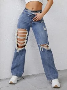 Jeans desgarro de pierna ancha de talle alto sin bragas - Azul lavado medio - Ver 3