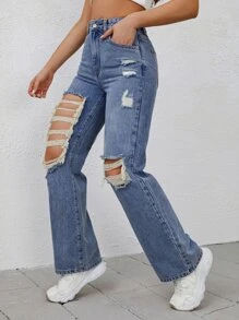 Jeans desgarro de pierna ancha de talle alto sin bragas - Azul lavado medio - Ver 5