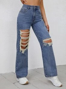 Jeans desgarro de pierna ancha de talle alto sin bragas - Azul lavado medio - Ver 6