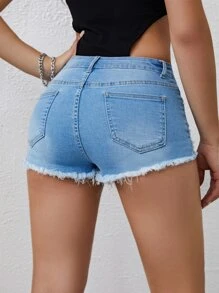 Ripped Frayed Raw Hem Denim Shorts - Light Wash - View 1