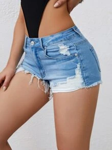 Ripped Frayed Raw Hem Denim Shorts - Light Wash - View 3