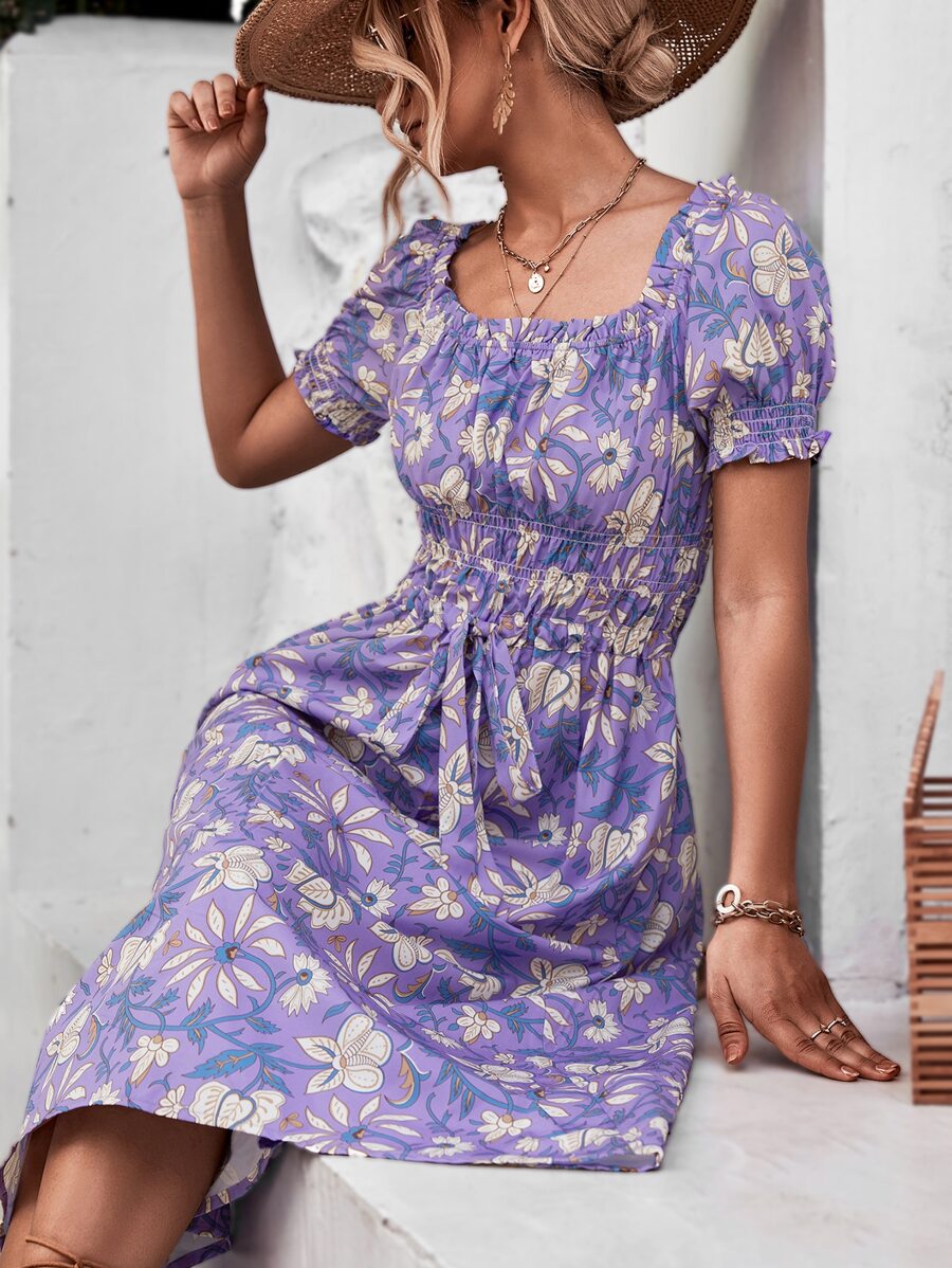 花卉圖案泡泡袖腰部抽繩A字連衣裙 - 彩色 - 查看 1