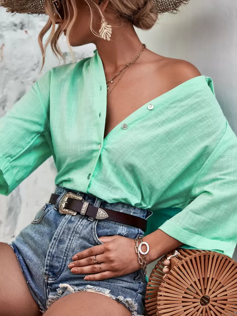 Chiquease Solid Button Front Drop Shoulder Shirt - Mint Green - View 1