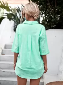 Chiquease Solid Button Front Drop Shoulder Shirt - Mint Green - View 2