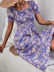 花卉圖案泡泡袖腰部抽繩A字連衣裙 - 彩色 - 查看 3