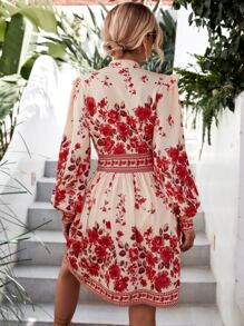 Floral Print Ruffle Trim Shirt Dress - Multicolor - View 2